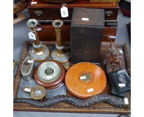 A commemorative oak tea tray, a fountain pen, boxes, a compass etc 