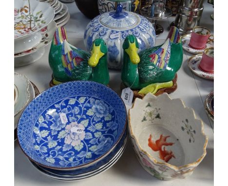 A pair of Chinese ceramic ducks on fitted wooden stands, height 6.5", Oriental blue and white jar and cover, bowls etc 