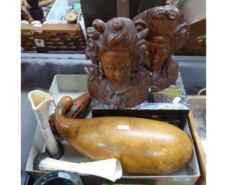 Gourds, a pair of carved hardwood busts, 9", carved bones, nutcracker, and a box 