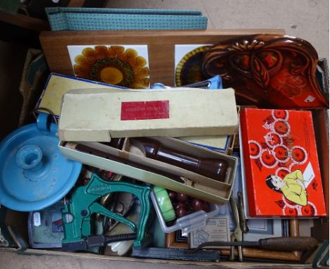 A tile stand, a calligraphy set, a corkscrew, beads etc 