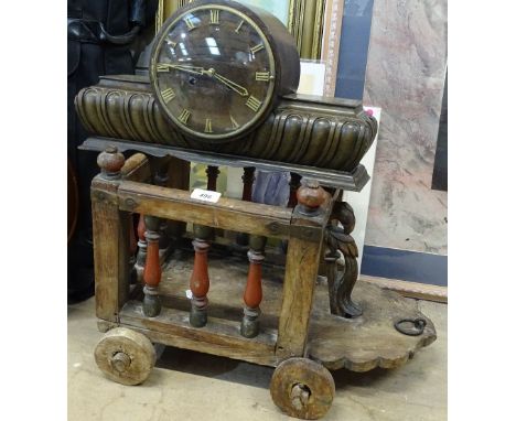 Eastern hardwood cart, length 21", and a walnut-cased 2-train mantel clock 
