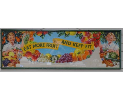Vintage coloured advertising poster "Eat more fruit and keep fit", by the Retail Fruit Trade Federation Limited, framed 