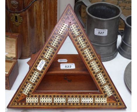 A triangular inlaid cribbage board, and a box of bone and ebony dominos 