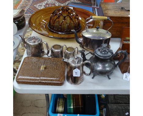 A 4-piece hotel plate tea and coffee set, a spirit kettle on stand with burner, and a pewter teapot, and a cased fish service