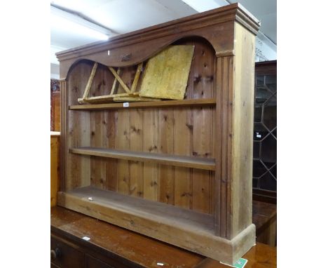 A stained pine floor standing open bookcase, W122cm and A decoupage decorated step ladder 