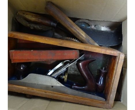 A box of various hand tools, to include boxed Record plane, billhook etc 