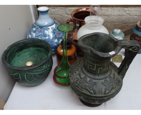 Copper pot, oil lamp, large jug etc 