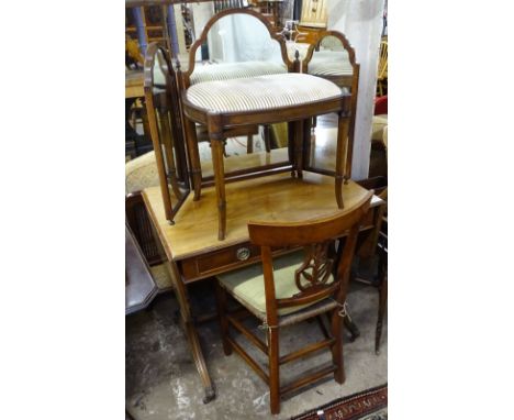 A mahogany drop leaf sofa table, a mahogany 3-fold dressing table mirror, an upholstered footstool, a side chair, a bow-end o