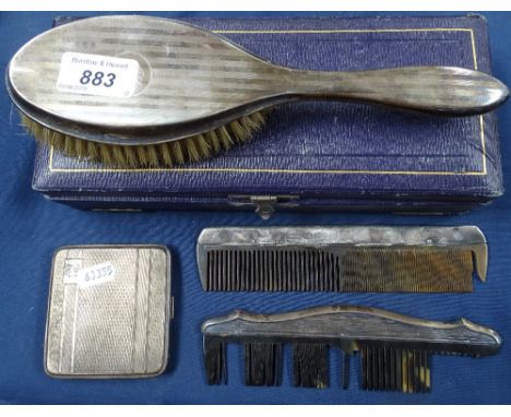 Cased 2-piece dressing table brush and comb set, silver cigarette box, and a silver-mounted comb 