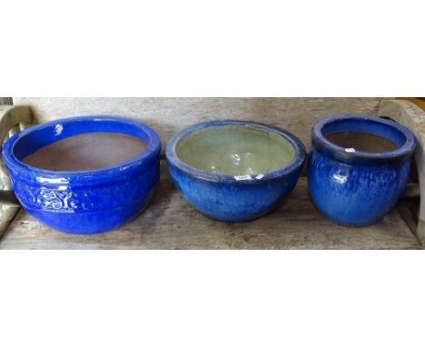 3 blue glazed terracotta garden plant pots 