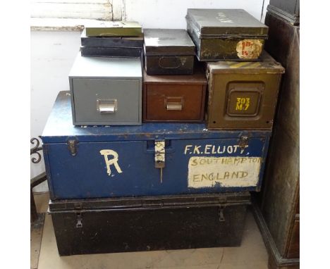 A collection of Vintage metal trunks, filing drawers, cash tins etc (10) 