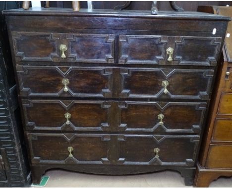 An 18th oak 2-section chest, with 2 short and 3 long drawers, moulded decoration, on bracket feet, W103cm 