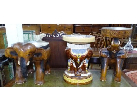2 hardwood elephant design plant stands, and a glazed ceramic elephant design plant stand, H43cm 
