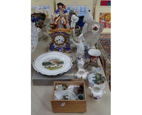 Ceramic clock in 2 parts, 14.5", a Staffordshire Poodle, miniature Oriental items etc 