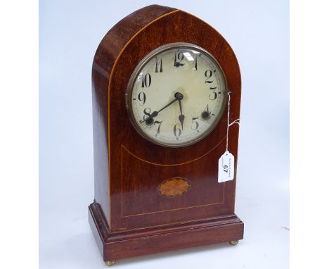 An Edwardian inlaid mahogany-cased lancet-top mantel clock, with 2-train movement, 14" 