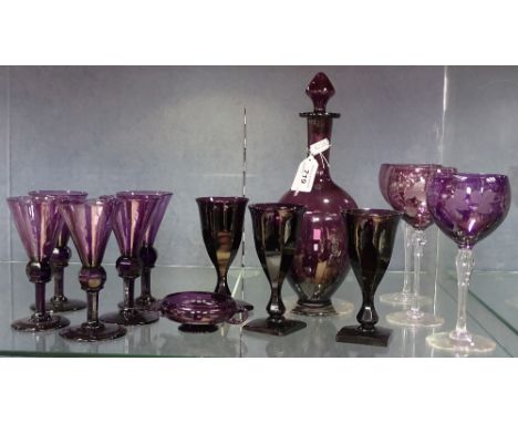 Amethyst glass decanter and stopper, a set of 5 glasses, 5.5", 2 sets of 3 glasses, and a small dish 