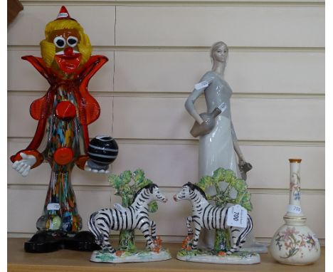 A large glass clown, a pair of Zebras, Royal Worcester vase, and a NAO figure, 15" 