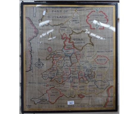 A framed cross-stitch map of England and Wales, height 24.5" overall 