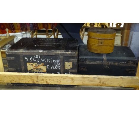 A 19th century steel-bound trunk for S Cr. J.W. King I.A.O.C Fort William Depot Calcutta, W75cm, a dome-top trunk, a metal ha