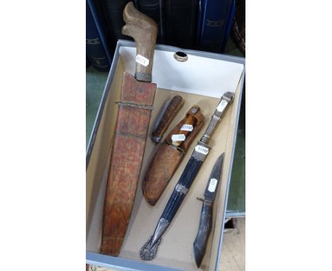 A knife in wooden scabbard, 16", and 4 other knives 