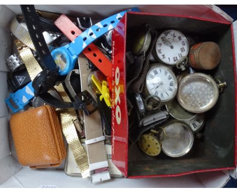 A collection of brass-cased pocket watches, modern wristwatches, travelling clock etc 