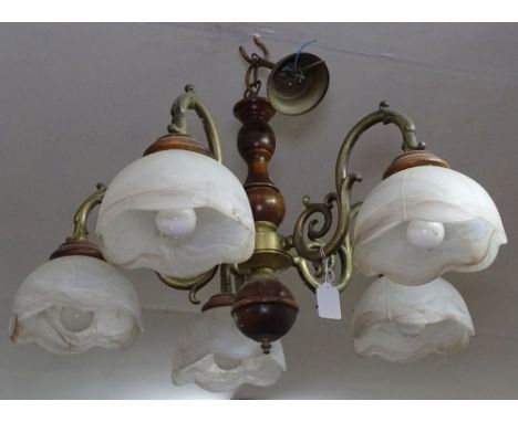 A turned beech and brass 5-branch chandelier 