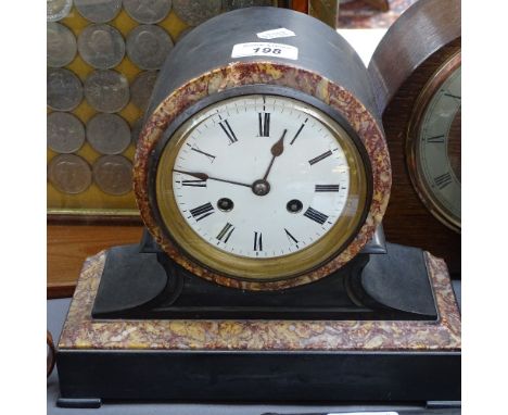 Inlaid lancet-cased mantel clock, 7.5", a slate and marble mantel clock, and another 