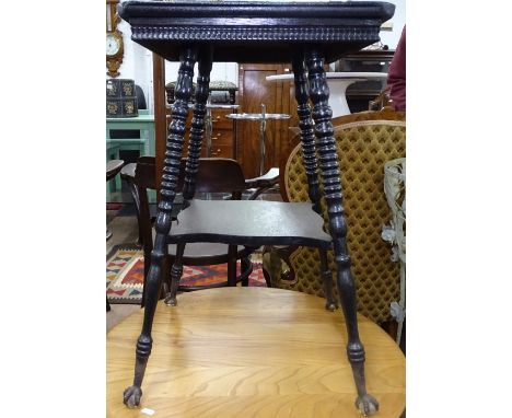 An American ebonised 2-tier occasional table, on ring turned legs and glass ball feet, W46cm 