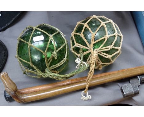 2 walking sticks, a bayonet in scabbard, and 2 fishing floats 