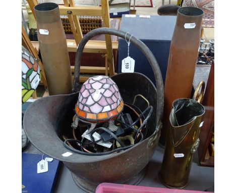 Cannon shells, a Trench Art jug, a coal bucket, a tortoise lamp etc 