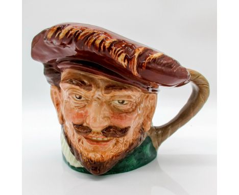 Glazed, hand painted ceramic. Style Two. Drake in a brown hat, green robes with white ruff. The handle is light brown with a 