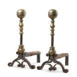 A PAIR OF BRONZE, BRASS AND WROUGHT IRON ANDIRONS FRENCH, LATE 17TH/EARLY 18TH CENTURY
