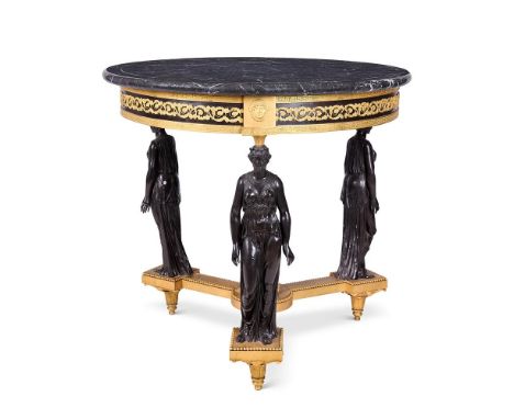 A NAPOLEON III ORMOLU-MOUNTED PATINATED BRONZE CENTRE TABLE  THIRD QUARTER 19TH CENTURY  The circular Nero Antico marble top 