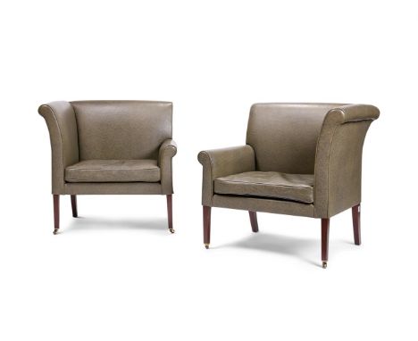 A PAIR OF UPHOLSTERED ASYMMETRIC ARMCHAIRS MODERN, SUPPLIED BY NICHOLAS RAKIC, AFTER THE DESIGN BY SIR EDWIN LUTYENS Upholste