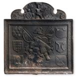 A RARE EARLY 16TH CENTURY FRENCH CAST IRON FIRE BACK