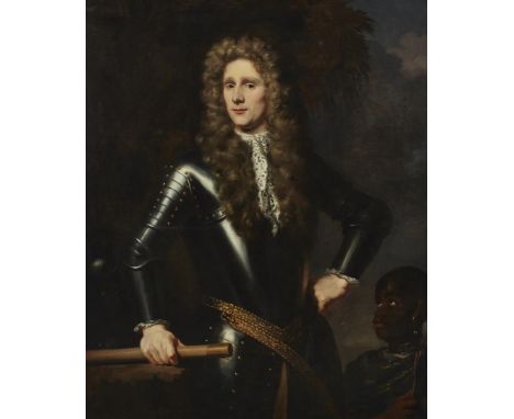 NICOLAES MAES (DUTCH 1634-1693)  PORTRAIT OF COLONEL RUPERT BRIDGE IN ARMOUR, WITH A BLACK PAGEBOY Oil on canvas 121 x 97cm (