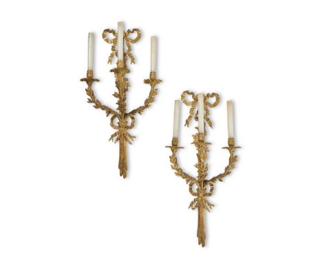 HENRI VIAN (1858-1904)- A PAIR OF GILT BRONZE THREE BRANCH WALL LIGHTS  FRENCH, LATE 19TH/EARLY 20TH CENTURY  Ribbon surmount