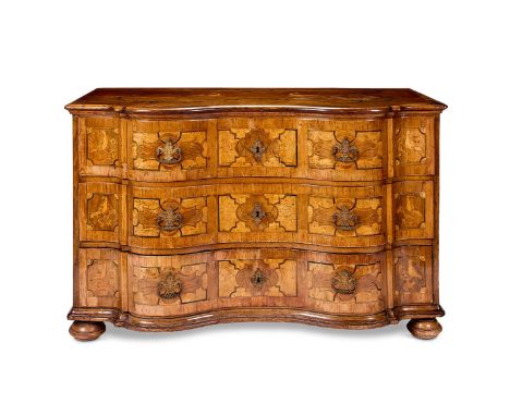 A TYROLEAN OAK, BURR MAPLE, WALNUT AND MARQUETRY SERPENTINE COMMODE MID-18TH CENTURY                                         