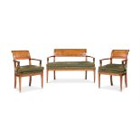 A BIEDERMEIER FRUITWOOD, EBONISED AND BRASS MOUNTED SUITE OF SEAT FURNITURE