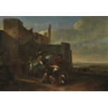 HENDRIK VERSCHURING I (DUTCH 1627-1690), SOLDIER IN ARMOUR ON HORSEBACK OUTSIDE A WALLED TOWN