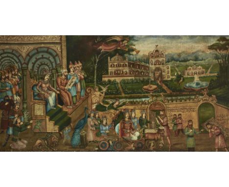PERSIAN SCHOOL (20TH CENTURY), ATTRIBUTED TO HOSSEIN QOLLAR AGHASI  SHADDAD ON THE THRONE, BEING DENIED ENTRY TO PARADISE BY 