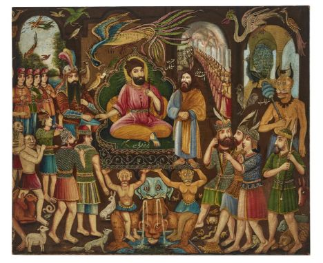 PERSIAN SCHOOL (20TH CENTURY), ATTRIBUTED TO HOSSEIN QOLLAR AGHASI SOLEIMAN SEATED CENTRALLY, FLANKED BY ROSTAM TO THE LEFT A