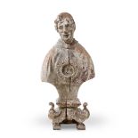 A BAROQUE CARVED AND PAINTED RELIQUARY BUST, SPANISH OR FRENCH
