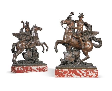 AFTER ANTOINE COYSEVOX (1640-1720), A SUBSTANTIAL AND IMPRESSIVE PAIR OF BRONZE FIGURES OF 'MERCURE ET LA RENOMMÉE- MONTÉE SU