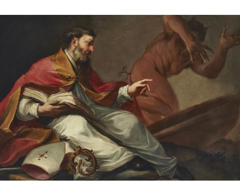 FOLLOWER OF SEBASTIANO RICCI  A HOLY BISHOP DRIVES OUT THE DEVIL Oil on canvas 88 x 128cm (34½ x 50¼ in.)  Provenance:  Sale,