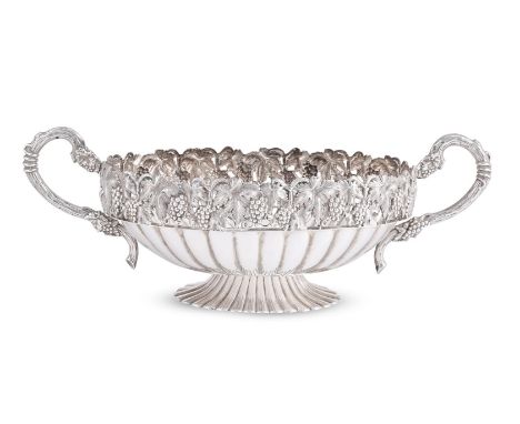 A PORTUGUESE ELECTROPLATED VINE BORDER TWIN HANDLED BOWL  TOPÁZIO  With a pierced grape vine border and twin scrolled handles