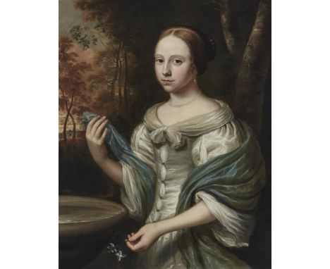 WALLERANT VAILLANT (DUTCH 1623-1677) PORTRAIT OF A YOUNG WOMAN IN WHITE DRESS AND GREEN SHAWL  Oil on canvas Signed and dated