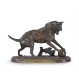 AFTER ARTHUR WAAGEN- BRONZE OF A DOG WITH A BALL, LATE 19TH CENTURY