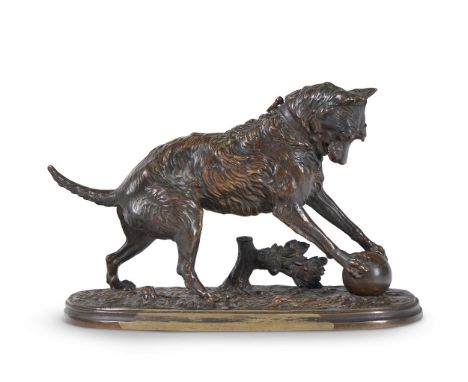 AFTER ARTHUR WAAGEN- BRONZE OF A DOG WITH A BALL  LATE 19TH CENTURY  Signed to cast  23cm wide, 15cm high   Condition Report: