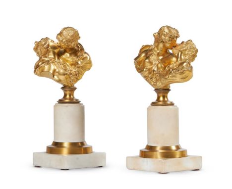 AFTER JEAN HOUDON- A PAIR OF GILT BRONZE AND MARBLE FIGURES 'THE KISS'  FRENCH, 19TH CENTURY  24cm high  Condition Report:  W